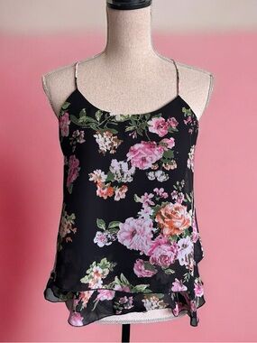 Floral Spaghetti Strap Cami Tank Top - Black/Pink